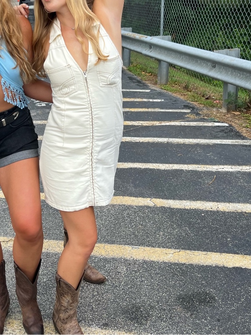 Cream Halter Zip-Front Denim Mini Dress